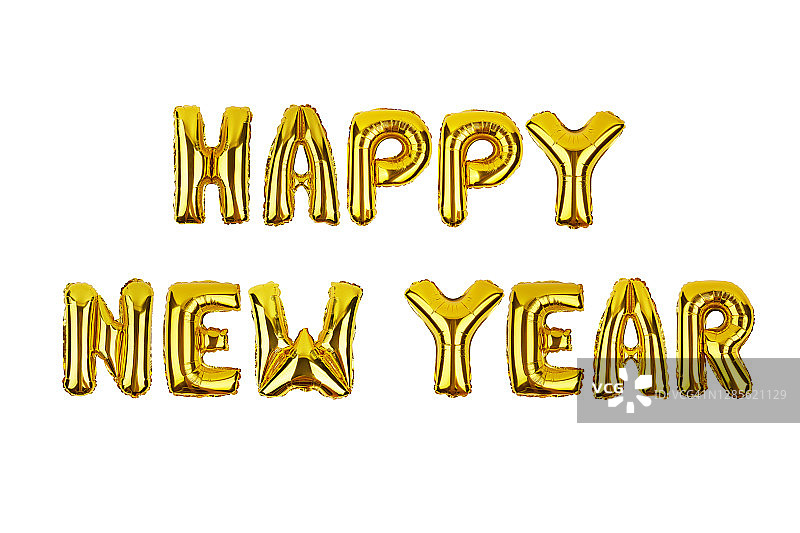 新年快乐的文字由铝箔气球孤立在白色的背景图片素材