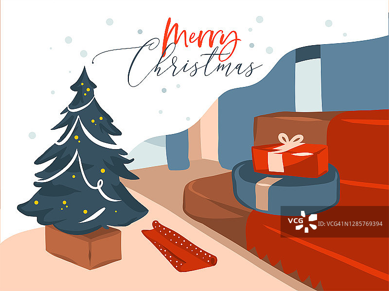 手绘矢量抽象股票圣诞快乐，和新年快乐卡通节日插图大装饰圣诞树和礼品盒在假日家庭内部孤立的颜色背景图片素材