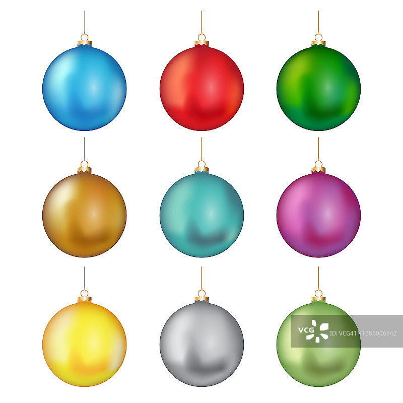 圣诞球，不同颜色的装饰品。向量图片素材