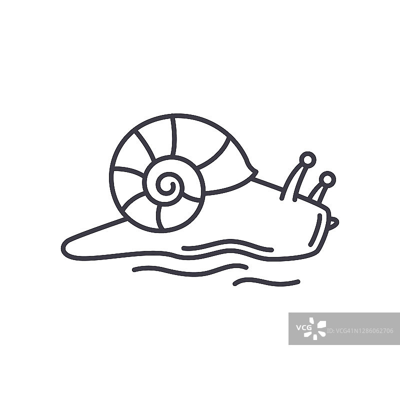 蜗牛壳图标，线性孤立的插图，细线矢量，网页设计标志，大纲概念符号与可编辑的笔画在白色的背景。图片素材