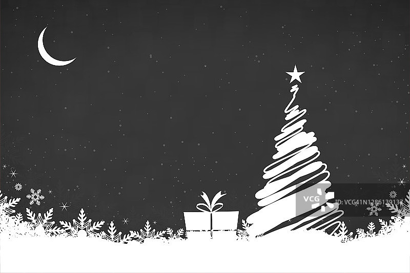 创意的黑色背景与一个白色涂鸦圣诞树与明亮闪亮的星星在顶部，一个礼物和雪花遍布地面和新月在天空图片素材