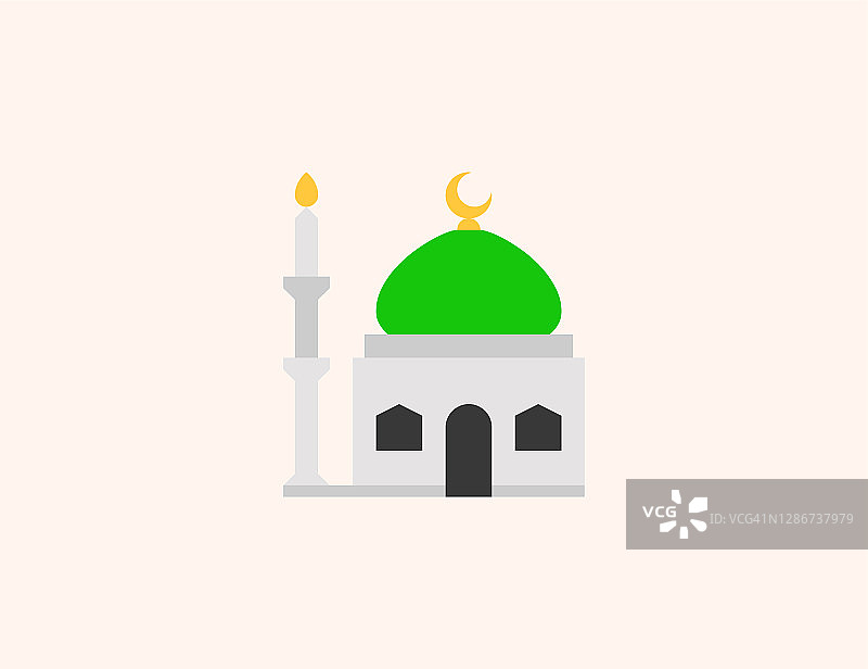 清真寺矢量图标。孤立的清真寺建筑，圆顶屋顶，尖塔平彩色标志图片素材