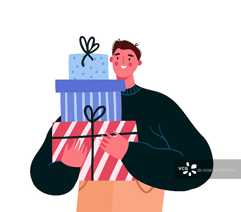 快乐的男人拿着包装好的礼品盒。男人准备圣诞节和新年的礼物。圣诞节日购物插图。卡通平面矢量插图。图片素材