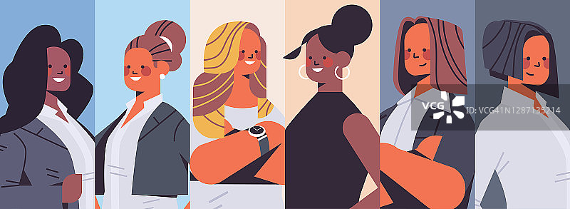 集混合种族女商人头像收集女性团队概念成功的商业人士组横向肖像矢量插图图片素材