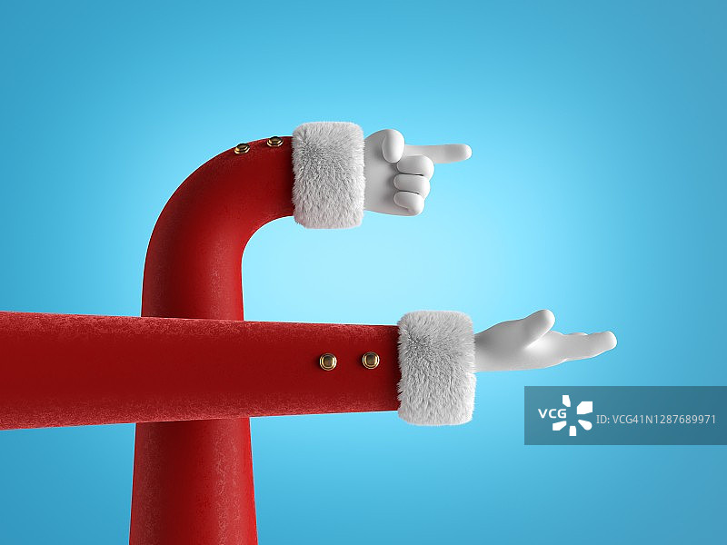 3d渲染，有趣的圣诞老人卡通人物灵活的手在红色的袖子和白手套。手指的动作。圣诞剪辑艺术孤立在蓝色背景图片素材