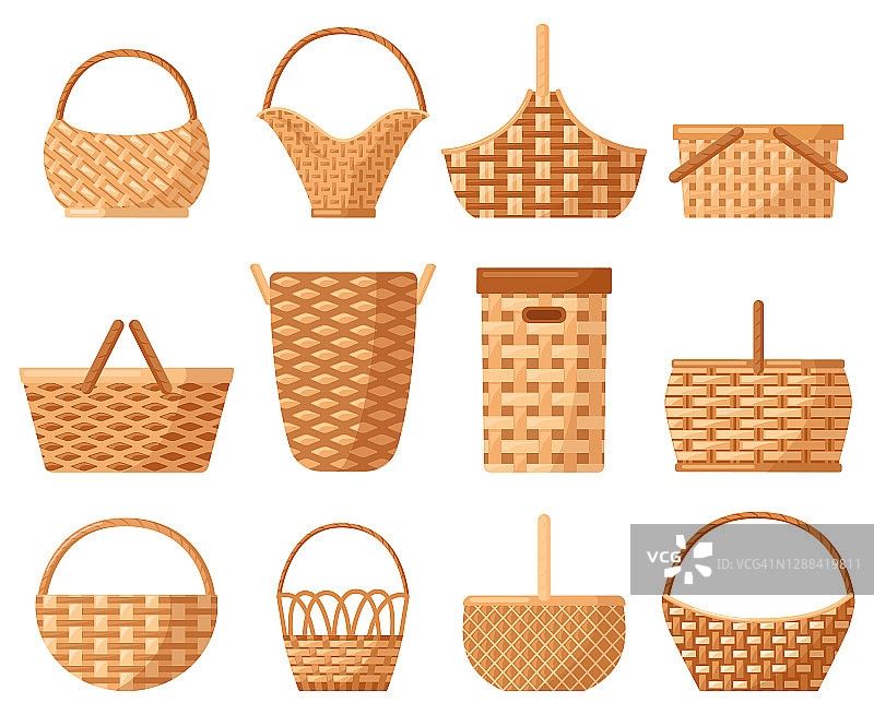 柳条篮子装饰。传统的野餐柳树提篮，用于户外用餐。柳条妨碍矢量插图集图片素材