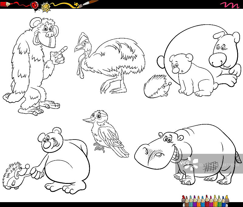 卡通动物人物集涂色书页图片素材