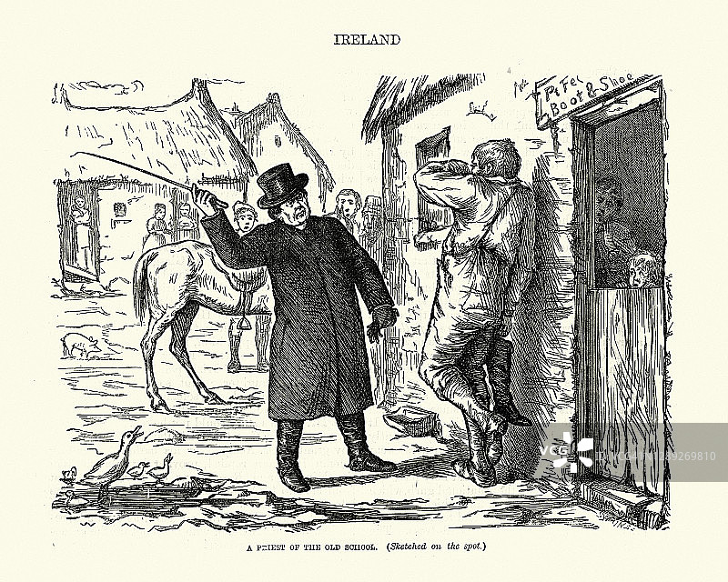 一个老式的爱尔兰牧师，用马鞭抽人图片素材