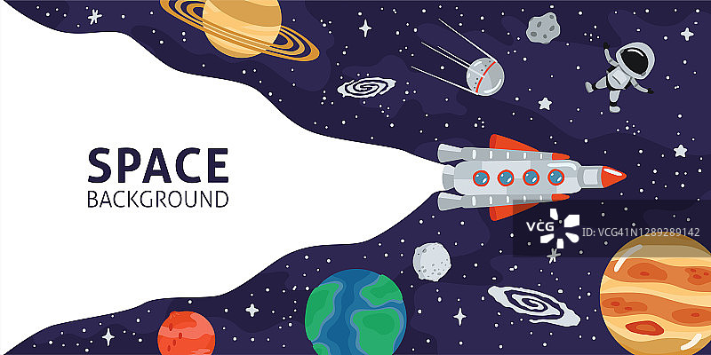 空间水平背景与火箭，行星，宇航员和复制空间的文字在卡通风格。概念旗帜与太阳系为您的设计。向量llustration图片素材