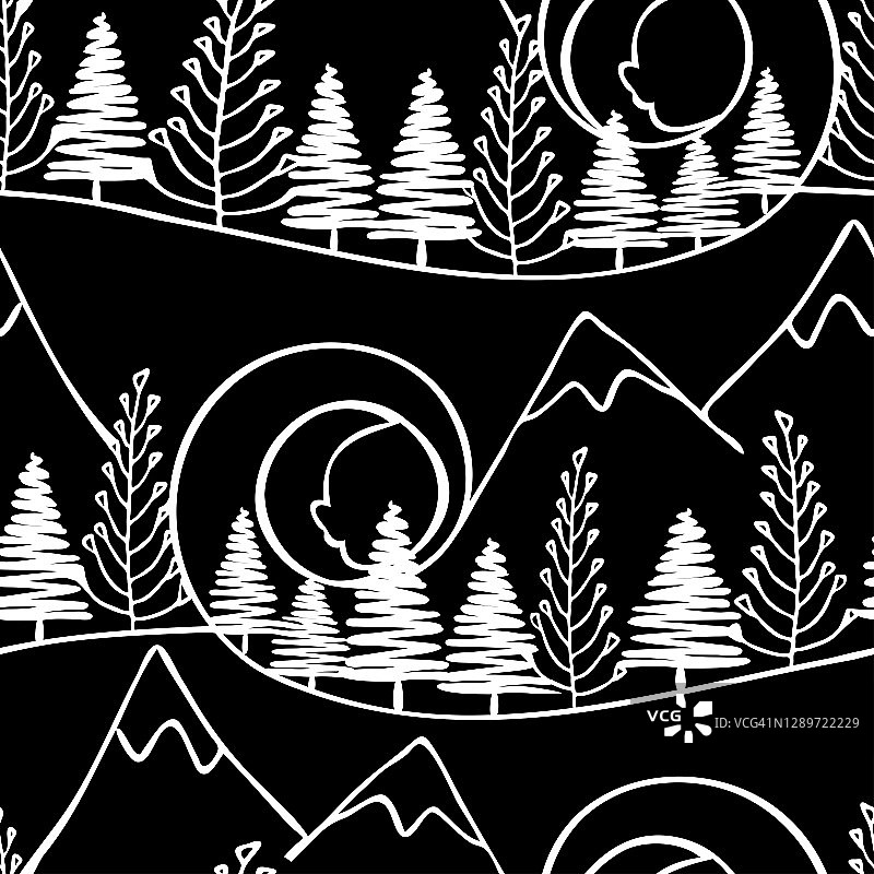 无缝矢量模式与冬季森林的黑色背景。景观线条艺术墙纸设计。艺术山时尚纺织品。图片素材