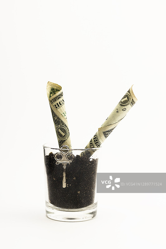 一美元钞票的特写在一个玻璃花盆与肥料的钥匙在白色的背景图片素材