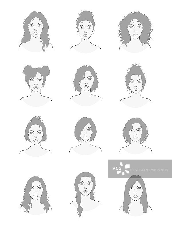 矢量组12个不同发型的女人。图片素材