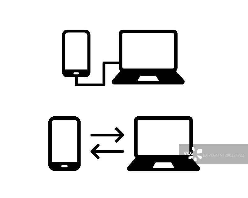 一组个人电脑和智能手机图标，代表互联网通信，共享，无线通信，备份，屏幕共享等。图片素材