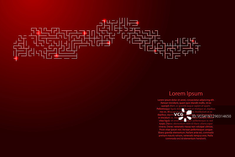 冈比亚地图从红色模式的迷宫网格和发光的太空恒星网格。矢量插图。图片素材