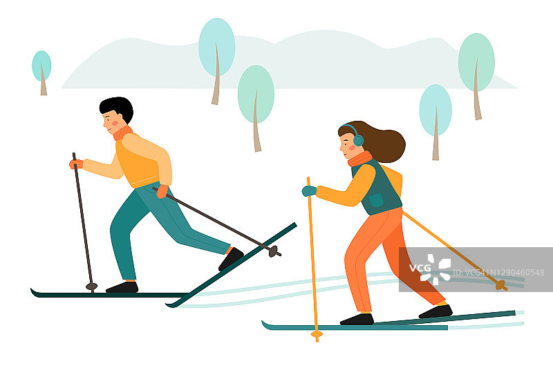 男孩和女孩在公园里滑雪。冬季运动。图片素材