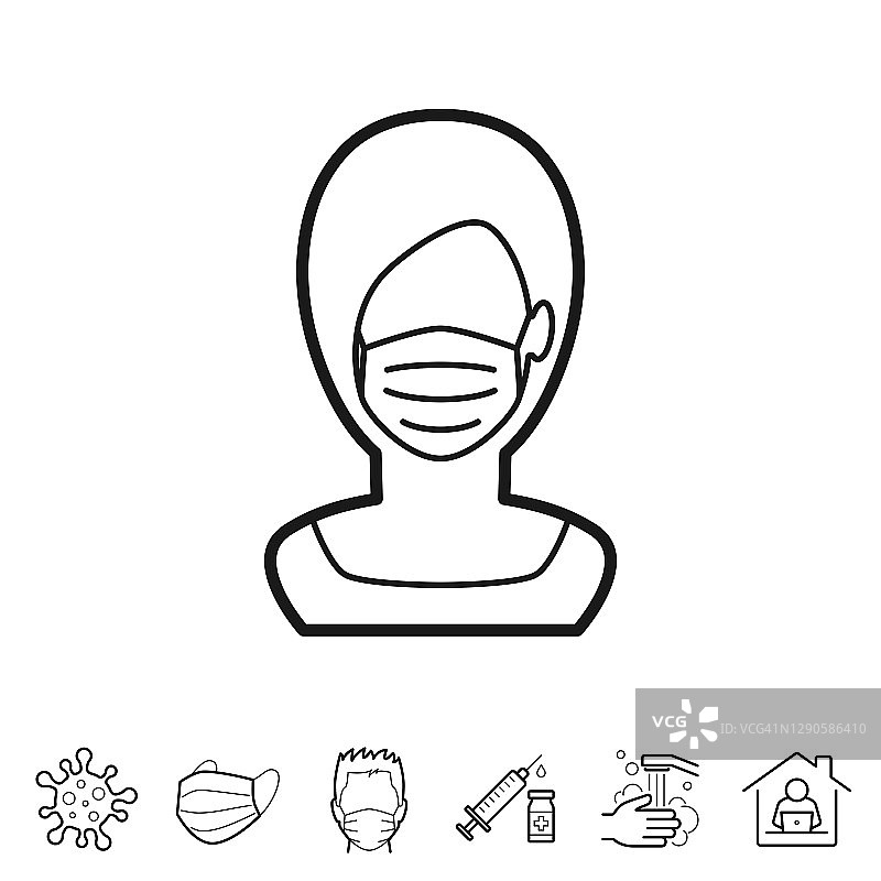 妇女在医疗脸保护口罩。线条图标-可编辑的笔触图片素材