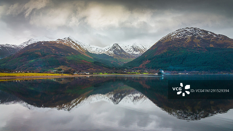 英国苏格兰的Linnhe湖倒影全景图片素材