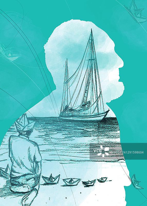 一个老人，一个孩子和大海。书封面插图与水下蓝色背景。图片素材