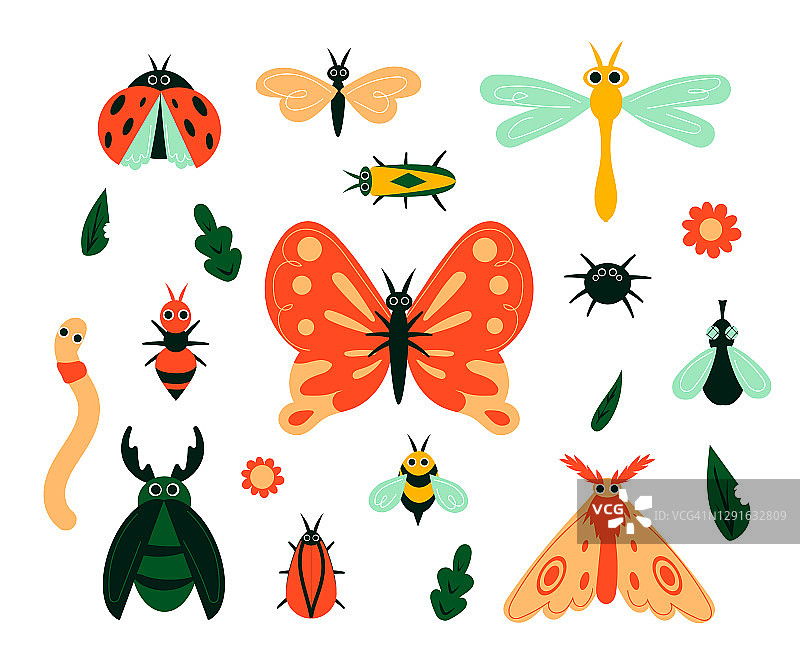 卡通bug。花园里的昆虫和植物的叶子或花朵。孤立的蝴蝶，飞蛾和毛毛虫。甲虫、蜘蛛、苍蝇和蜜蜂。极简动物，矢量手绘集图片素材