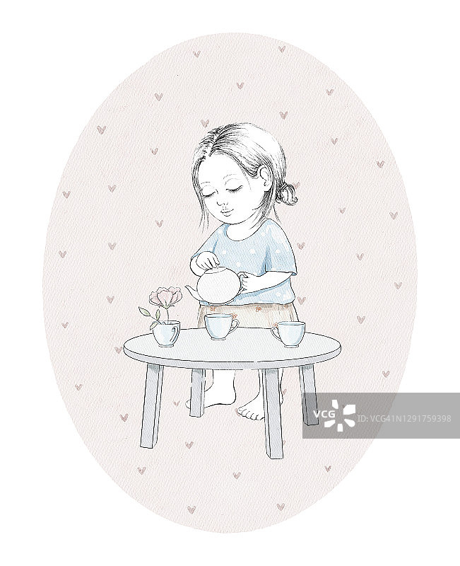 水彩素描与小女孩倒茶，盘子和桌子在椭圆形粉红色的背景图片素材