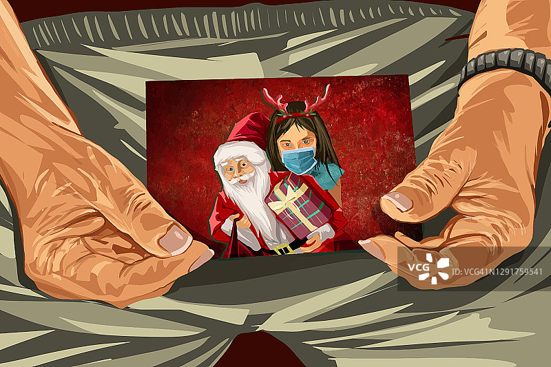 一个小女孩和老人手中的圣诞老人的照片图片素材