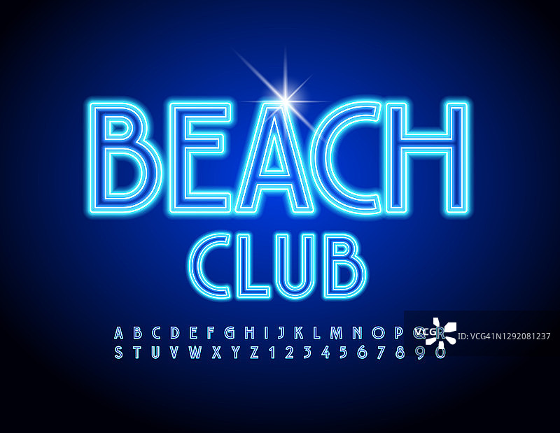矢量照明徽章海滩俱乐部。霓虹字母和数字集图片素材