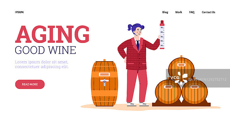 网站横幅为葡萄园描绘葡萄酒的陈酿过程平面矢量插图。图片素材