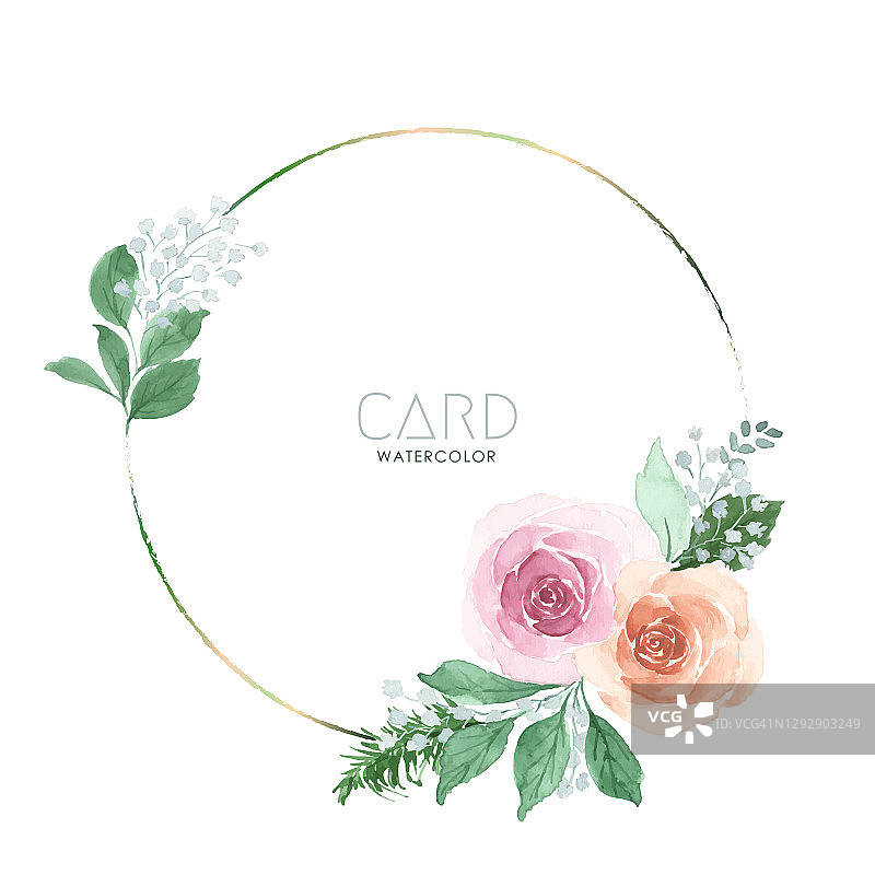 粉红色和橙色玫瑰花束水彩花在圆框上图片素材