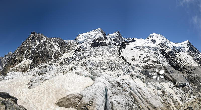 波松冰川与塔乃纳斯冰川、莫迪特峰、勃朗峰和上萨瓦夏蒙尼峰的塔乃纳斯峰汇合图片素材
