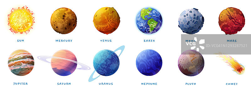 太阳系行星和彗星孤立卡通设置在白色。矢量内，岩石水星，金星和地球，火星。外太空气体巨星木星和土星，冰天王星和海王星，冥王星，太阳月亮图片素材