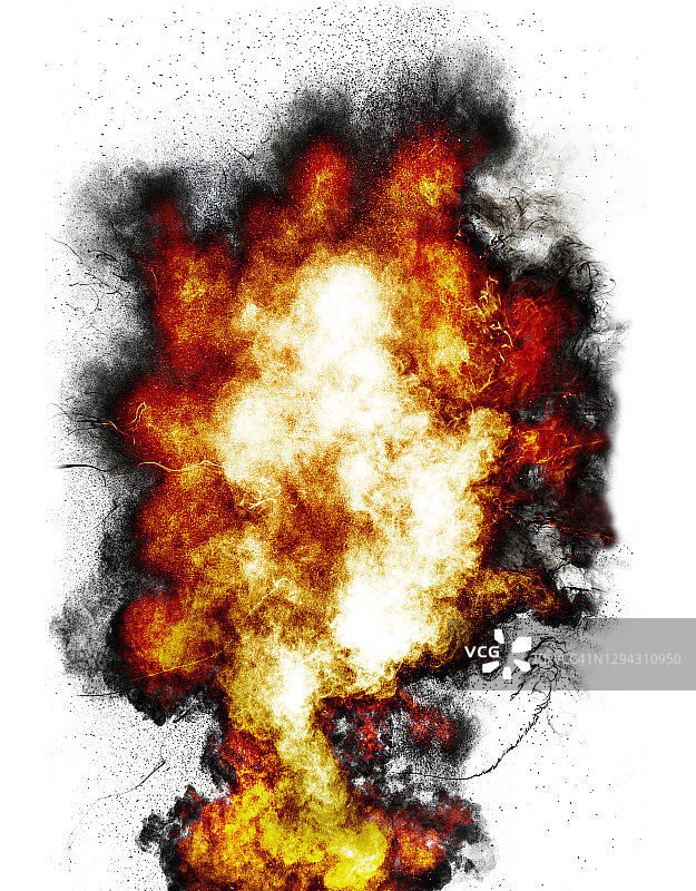 爆炸伴随着火焰，烟雾和白色背景上的火花图片素材