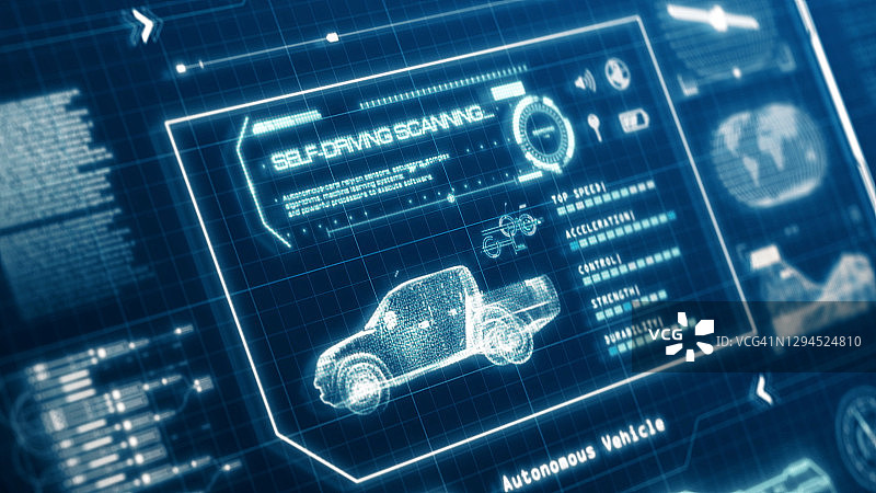 HUD自动驾驶汽车，皮卡车，汽车规格扫描测试用户界面上的电脑屏幕像素显示面板背景。蓝色全息全息科技概念。三维演示图片素材