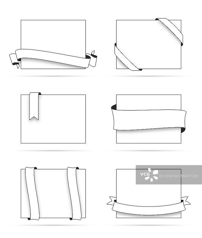 一套丝带(轮廓，线条艺术)，在空白的白色标签-设计元素图片素材