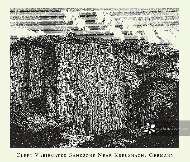 德国Kreuznach附近的裂隙杂色砂岩，著名的地质构造雕刻古董插图，1851年出版图片素材