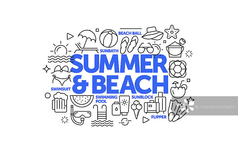 夏季，假期和海滩活动相关的网页横幅线风格。现代线性设计矢量插图的网站横幅，网站标题等。图片素材