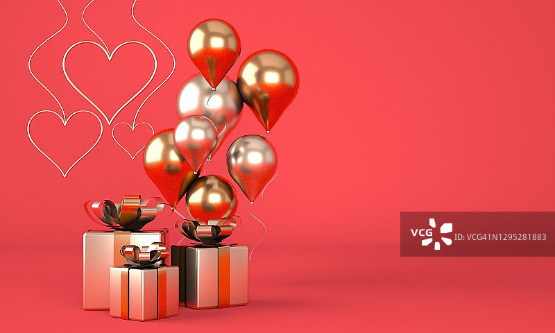 情人节。背景与现实节日礼盒。浪漫的礼物。金色的心。3 d。图片素材