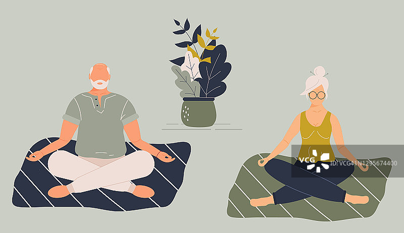 年长有趣的女人和男人在瑜伽莲花的位置做冥想，正念练习图片素材