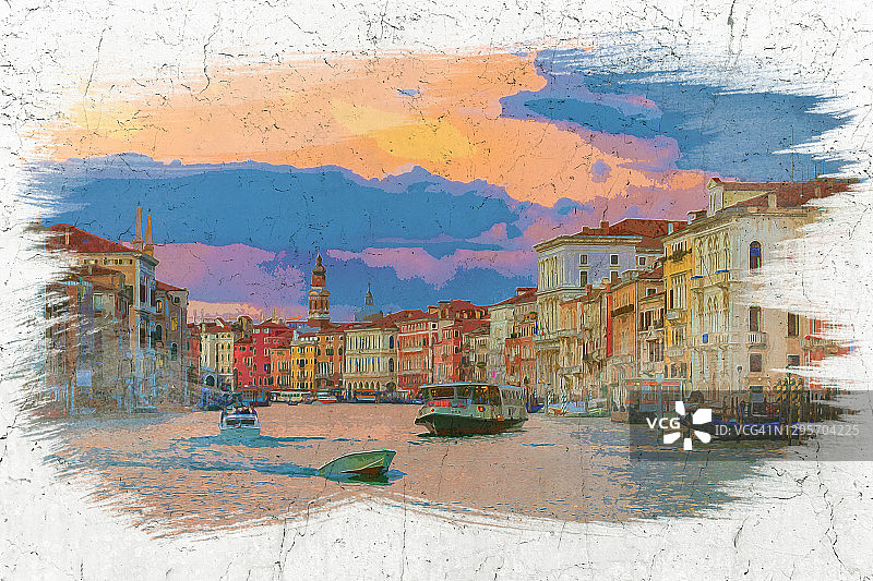 《日落大运河上的船》，《威尼斯》，水彩画图片素材