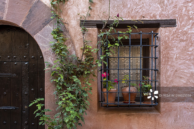 一扇用鲜花和植物装饰的窗户和门。图片素材