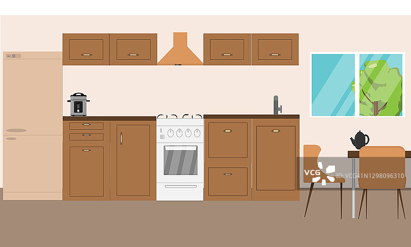 现代设计的棕色厨房，有窗户，厨房桌子和椅子。平面设计向量。图片素材