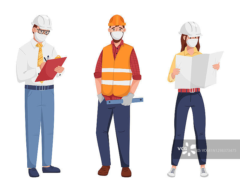 矢量插图三个人的工人，工程师，建筑师或建筑商。全身男男女女都戴着头盔，穿着西装。他们手里拿着一个写着图纸或项目计划的写字板。图片素材