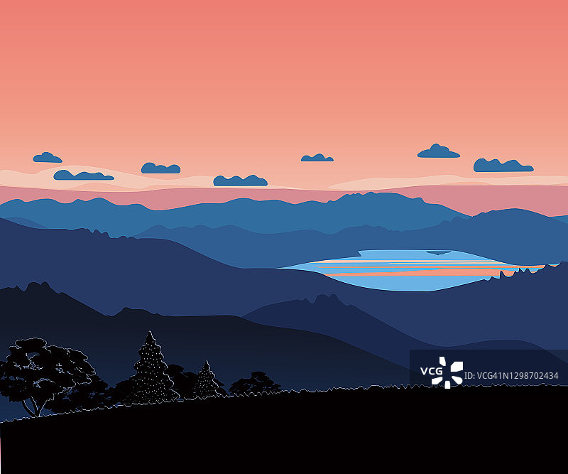 高山山谷，红色天空，日出景观景色图片素材