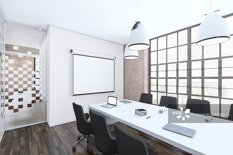 现代化的会议室内部，墙上的投影屏幕用于复制空间图片素材