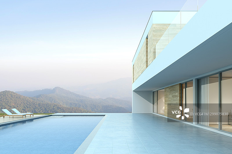 现代住宅的视角与游泳池在山的背景，外部。3d渲染。图片素材