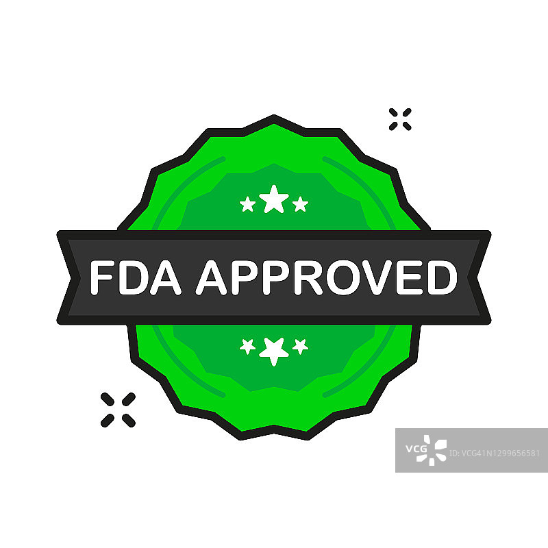 FDA批准的徽章绿色邮票图标在白色背景上的平坦风格。矢量插图。图片素材
