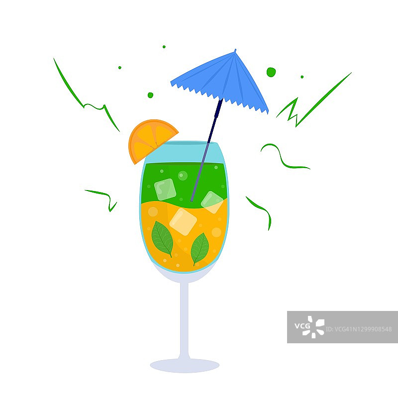热带鸡尾酒。酒精夏季饮料在玻璃杯，莫吉托，伏特加，萨姆布卡，马提尼，果汁，节日概念派对邀请，酒吧菜单。矢量图图片素材