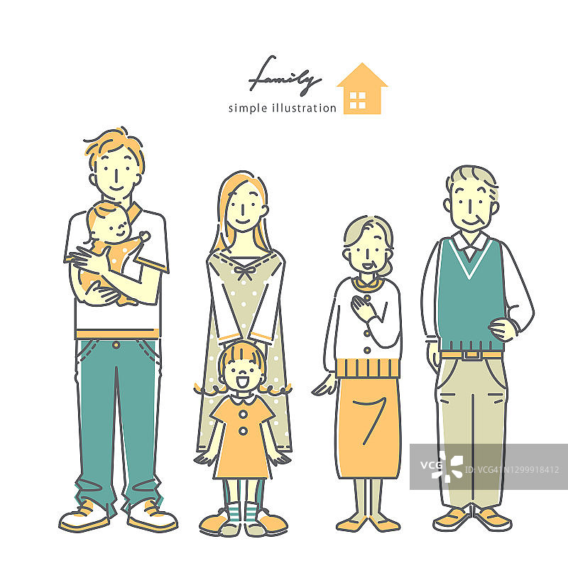 简单的线条艺术插画，可爱的家庭图片素材