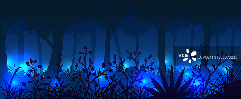 夜间萤火虫闪烁的森林。图片素材
