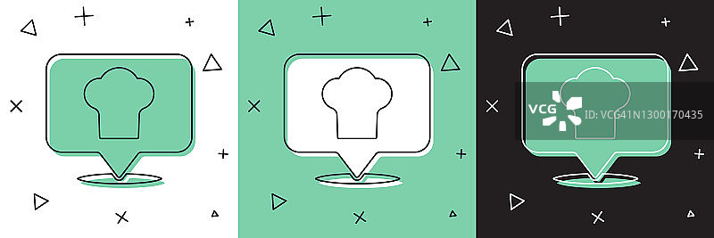 设置厨师帽与位置图标隔离在白色和绿色，黑色背景。烹饪的象征。厨师的帽子。向量图片素材