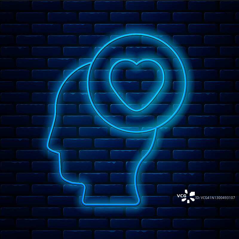 发光的霓虹线人的头与心的图标孤立在砖墙的背景上。爱的概念与人的头。向量图片素材